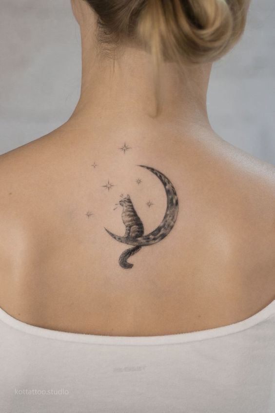  Cat With Crescent Moon Tattoos