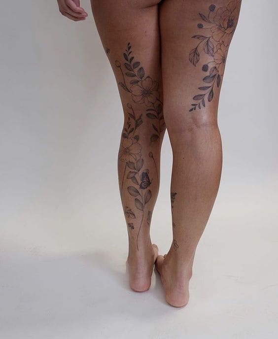 Charming Floral Tattoos On Leg