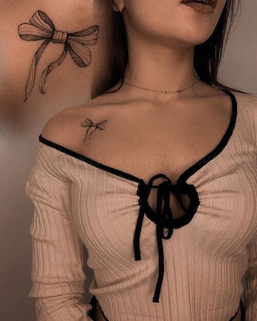 Dainty Bow Inks On Collarbone