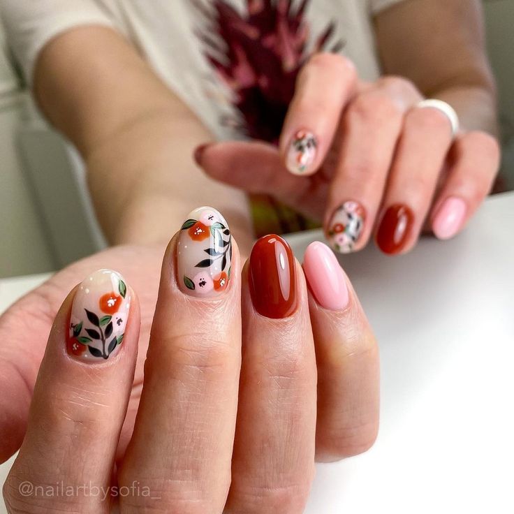 Fall Short Flower Nails2