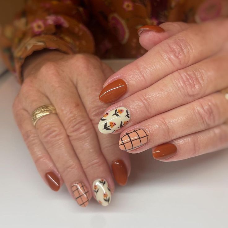 Fall Short Flower Nails6