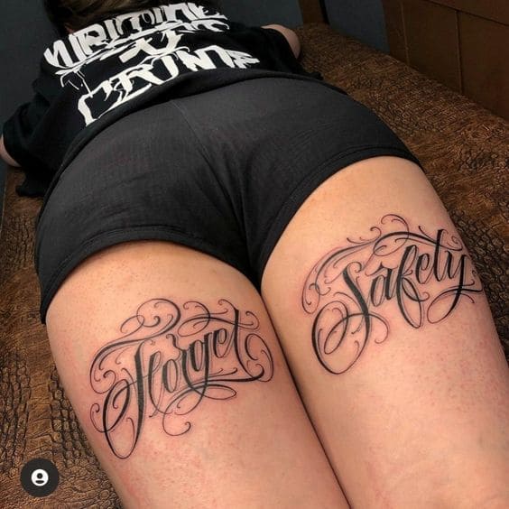 Lettering Woman Leg Tattoos