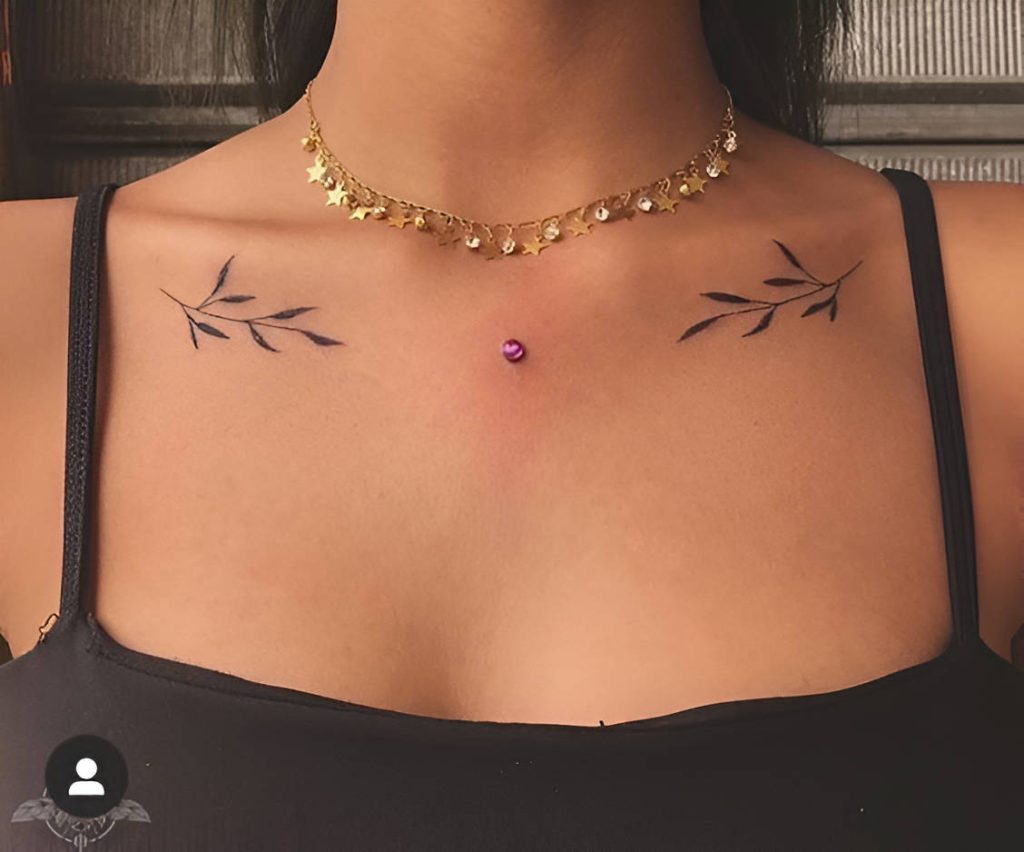  Mini Symmetrical Leaf Collarbone Tattoo
