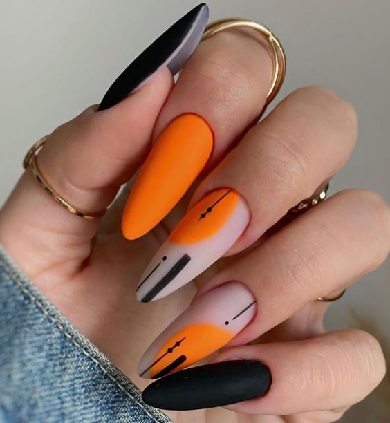 Orange And Black Abstract Nails