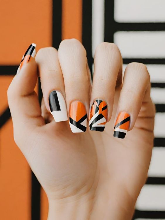 Orange And Black Abstract Nails2