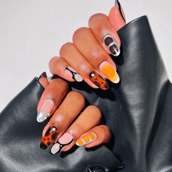 Orange And Black Abstract Nails6