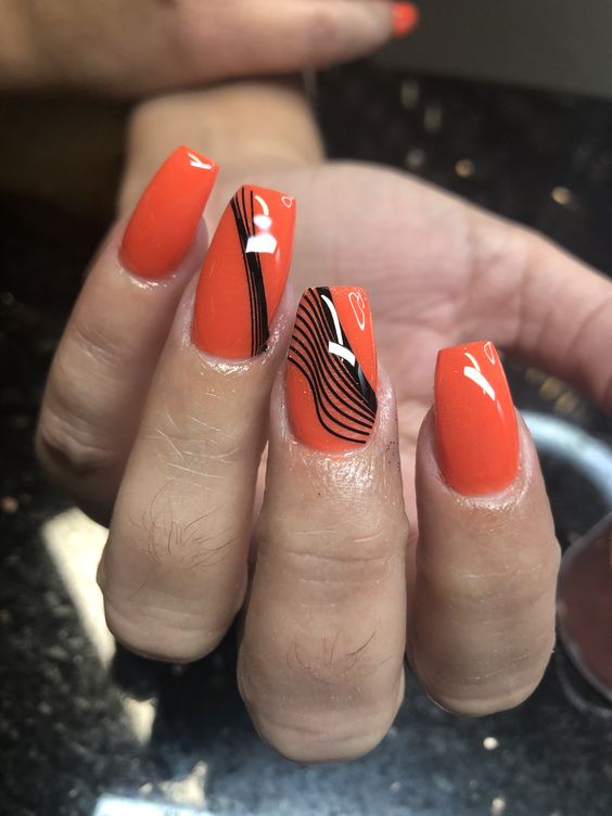 Orange And Black Abstract Nails