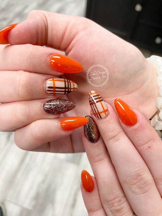 Plaid Orange And Black Nails