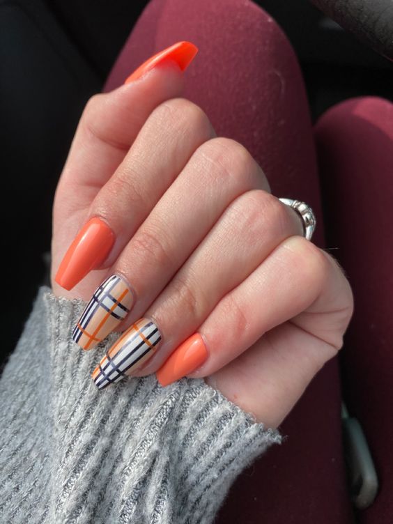 Plaid Orange And Black Nails2
