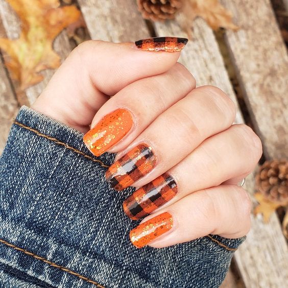Plaid Orange And Black Nails3
