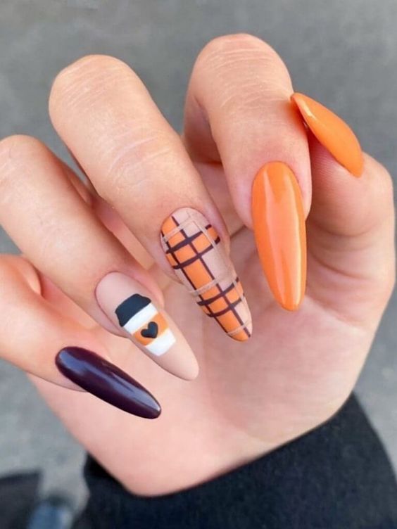 Plaid Orange And Black Nails4