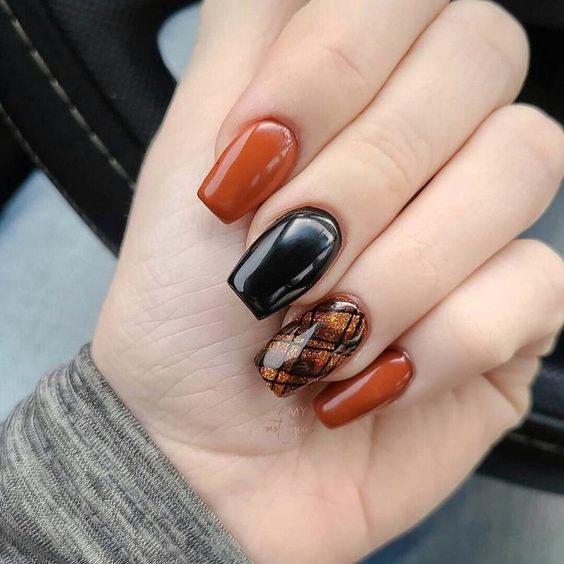Plaid Orange And Black Nails5
