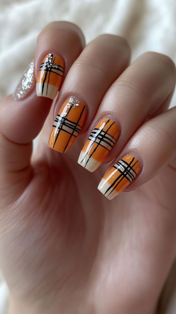 Plaid Orange And Black Nails6