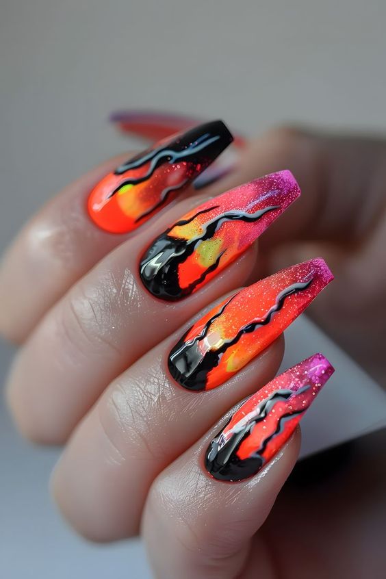 Volcano Orange And Black Nail Designs7