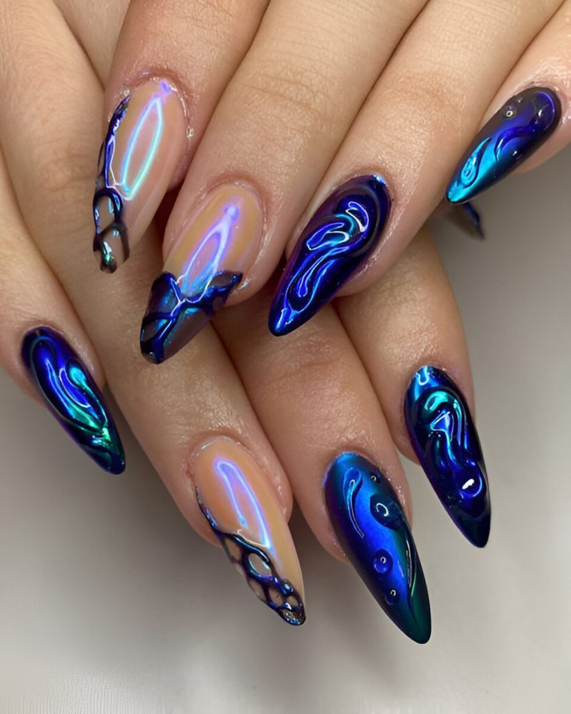 3D Blue Acrylic Nails