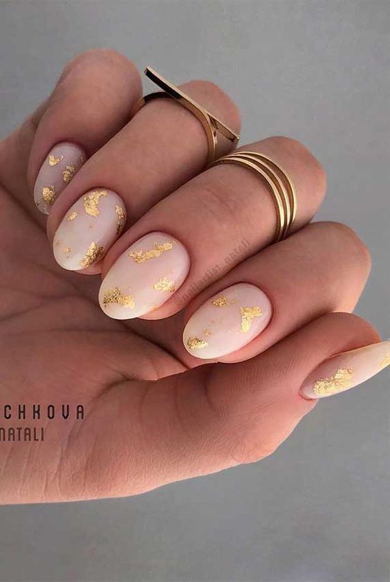 Almond Nails With Gold Flakes