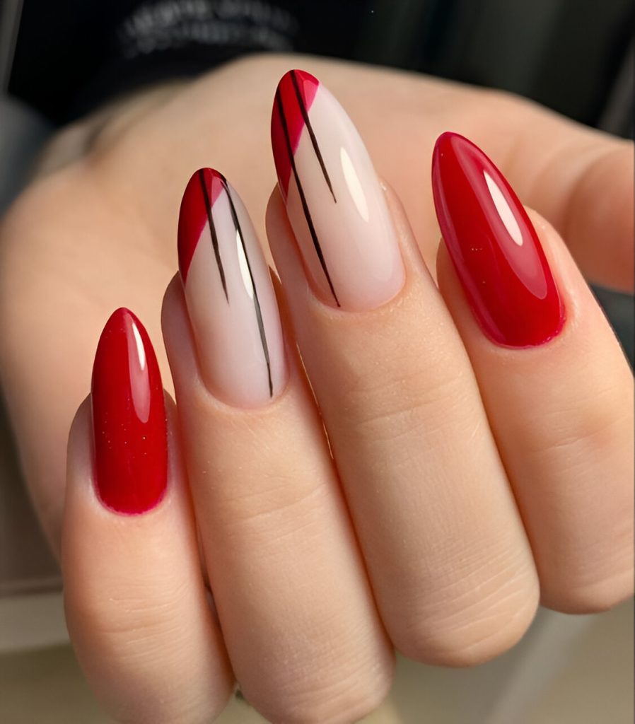 Almond Red Glitter French Tips