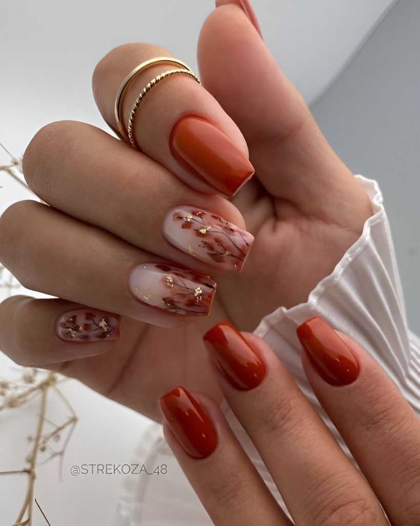 Autumn Forrest Orange Manicure With Gold
