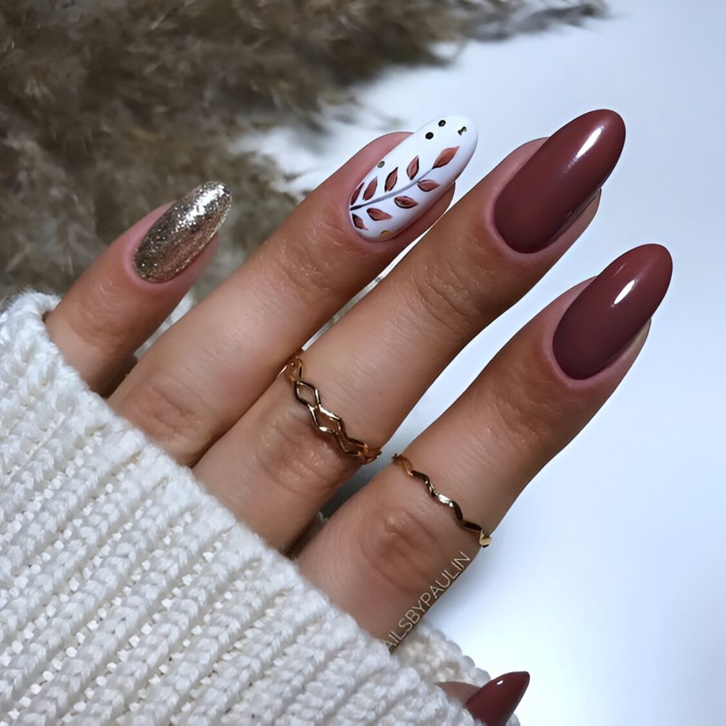 Autumn Nails With Leaf And Glitter