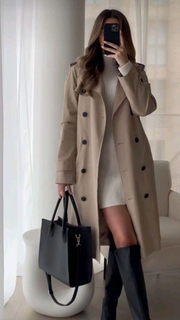 Beige Trench Coat And White Dress