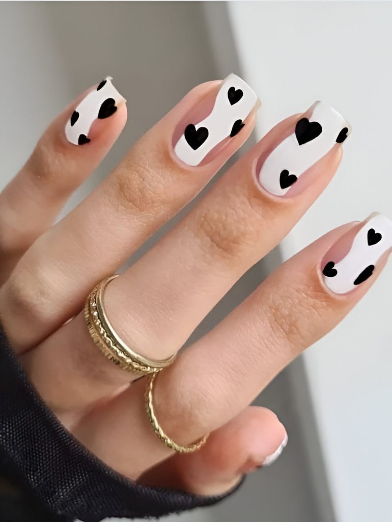  Black And White Nails With Hearts