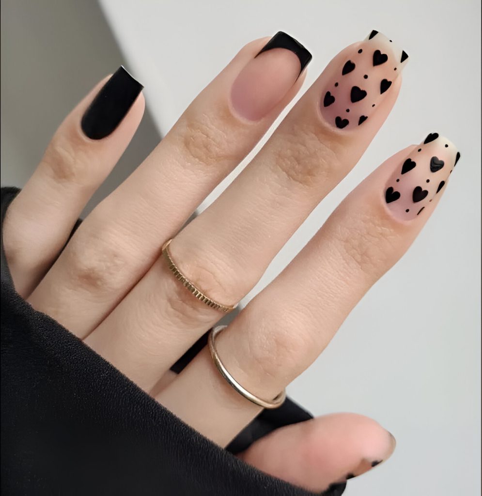  Black And White Nails With Hearts