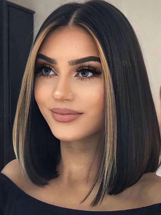 Black Straight Bob With Chunky Highlights