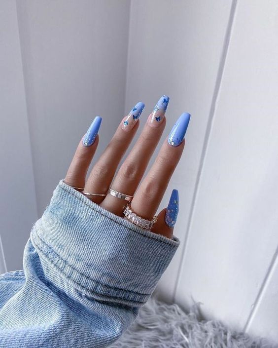  Blue Acrylic Nails With Butterflies