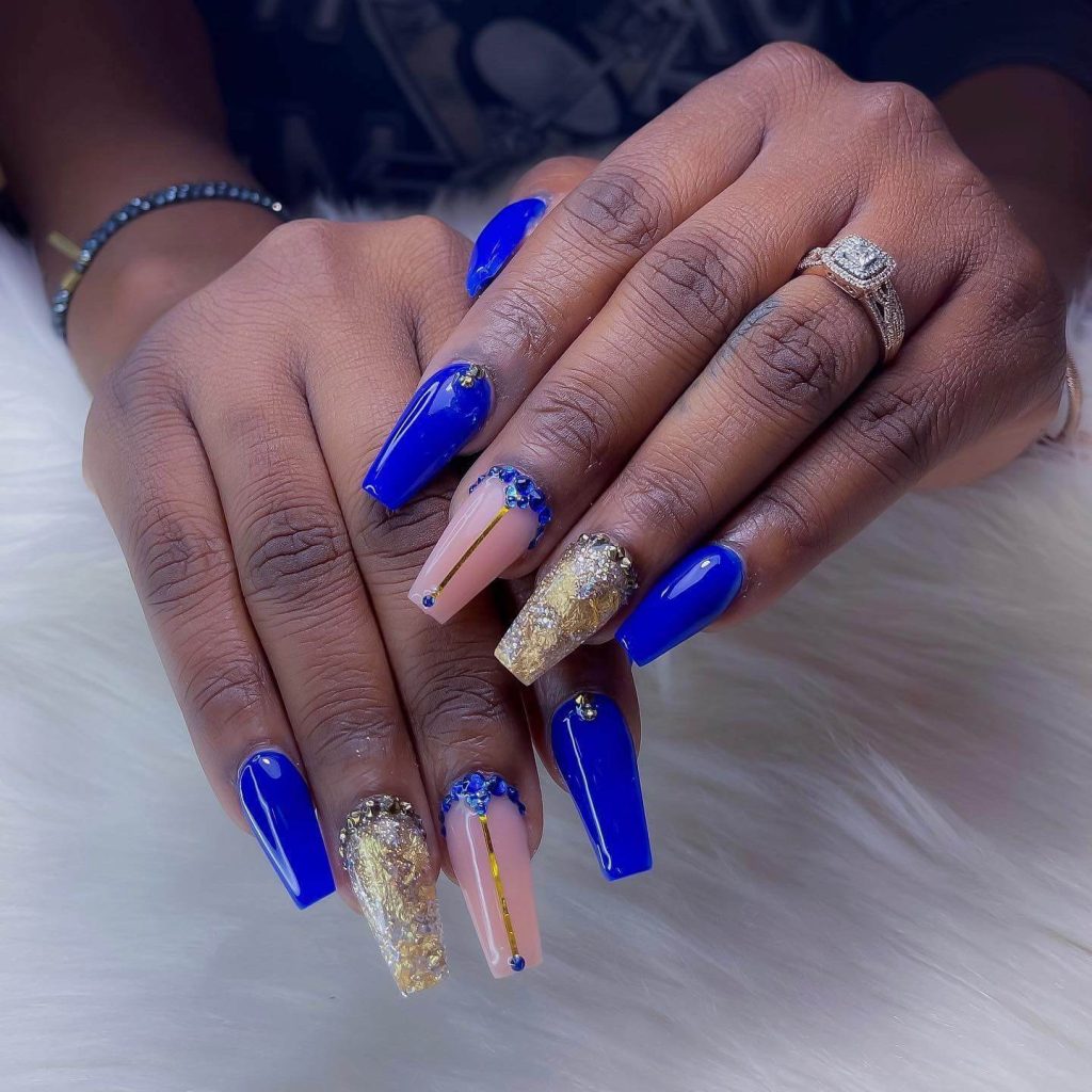  Blue And Gold Coffin Nails