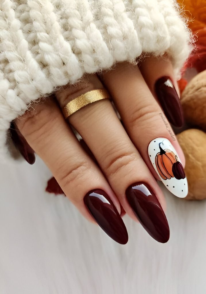 Burgundy Accent Pumpkin Nails