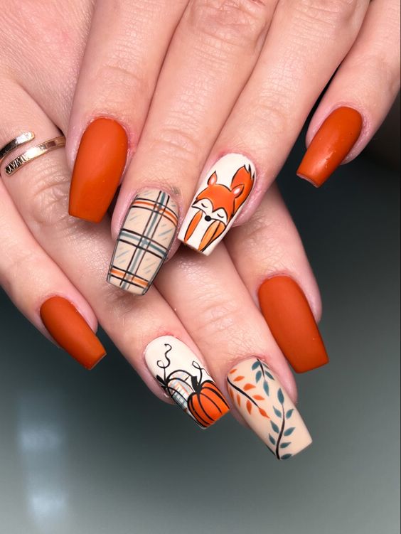Burnt Orange Nails With Plaid