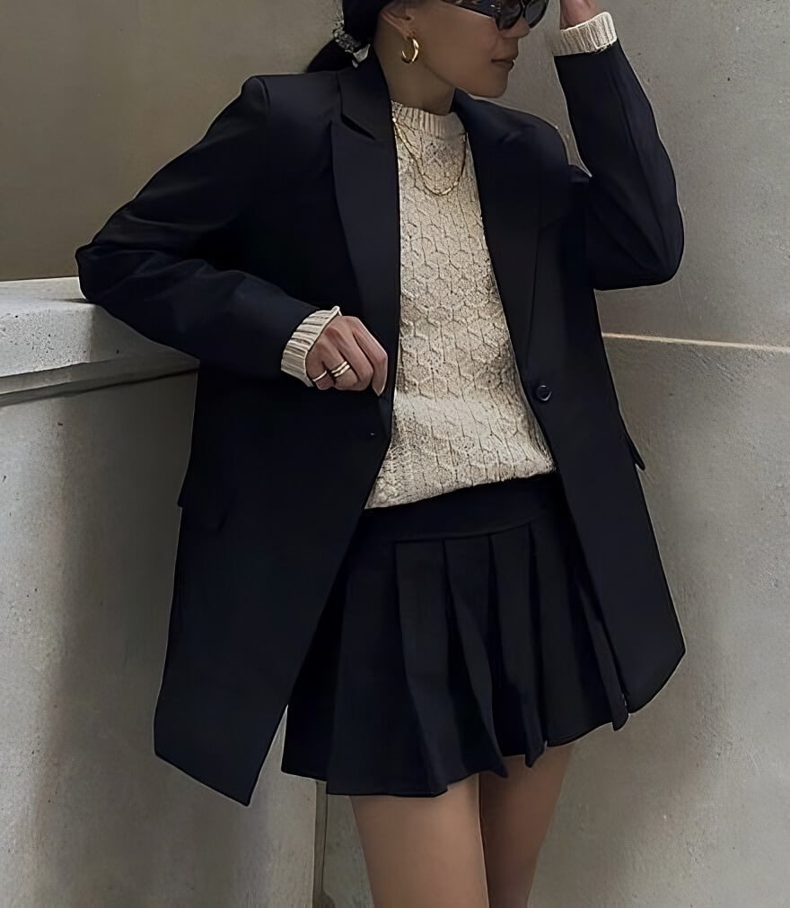 Cable-knit Jumper + Pleated Mini Skirt