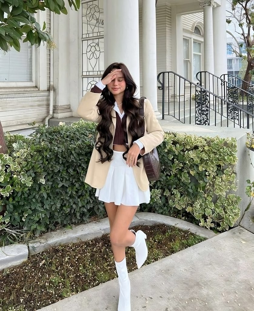 Cable-knit Jumper + Pleated Mini Skirt