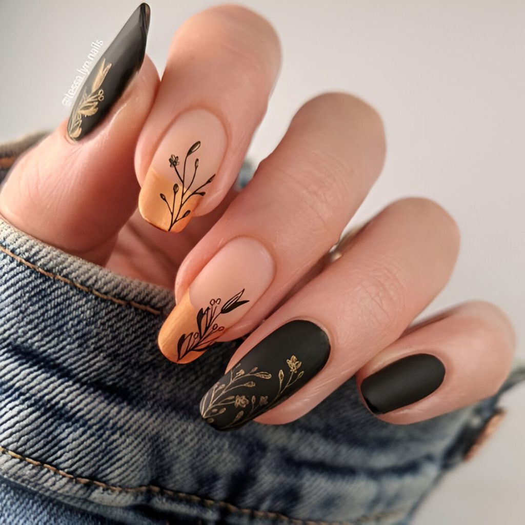 Chic Orange And Black Matte Nails