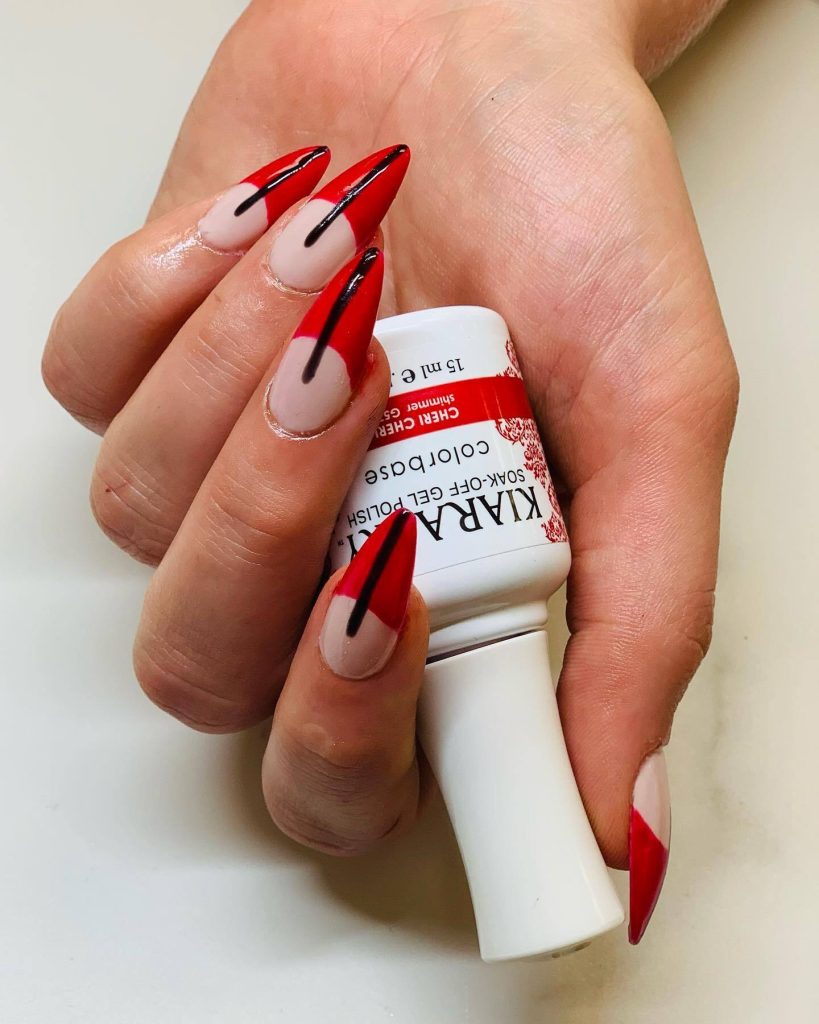 Chic Red French Tips With Black Stripes