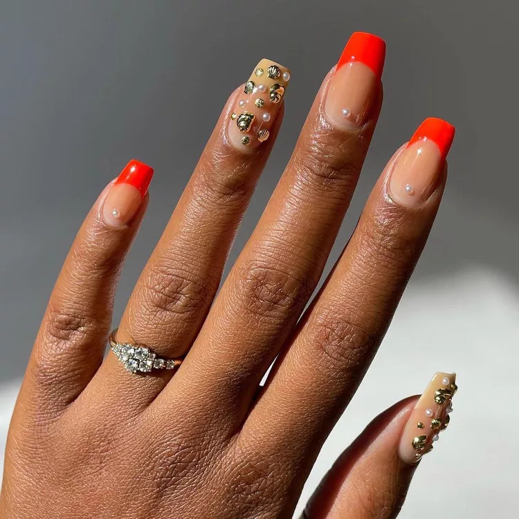 Classic Red Square French Nails With Gems