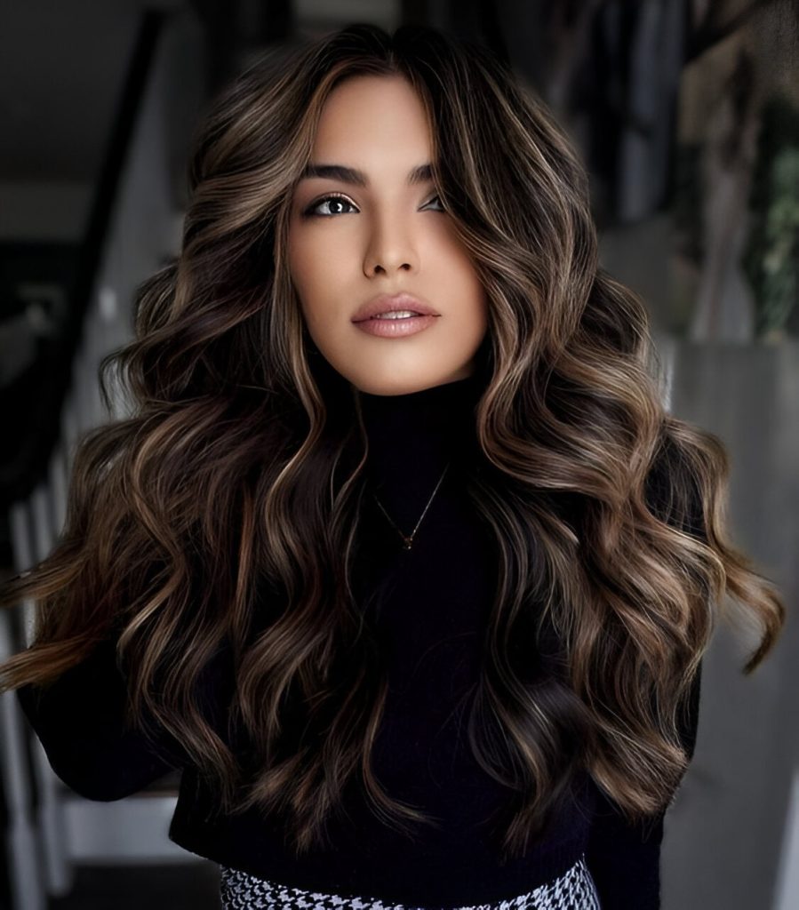 Classy Curls With Caramel Highlights On Black Hair