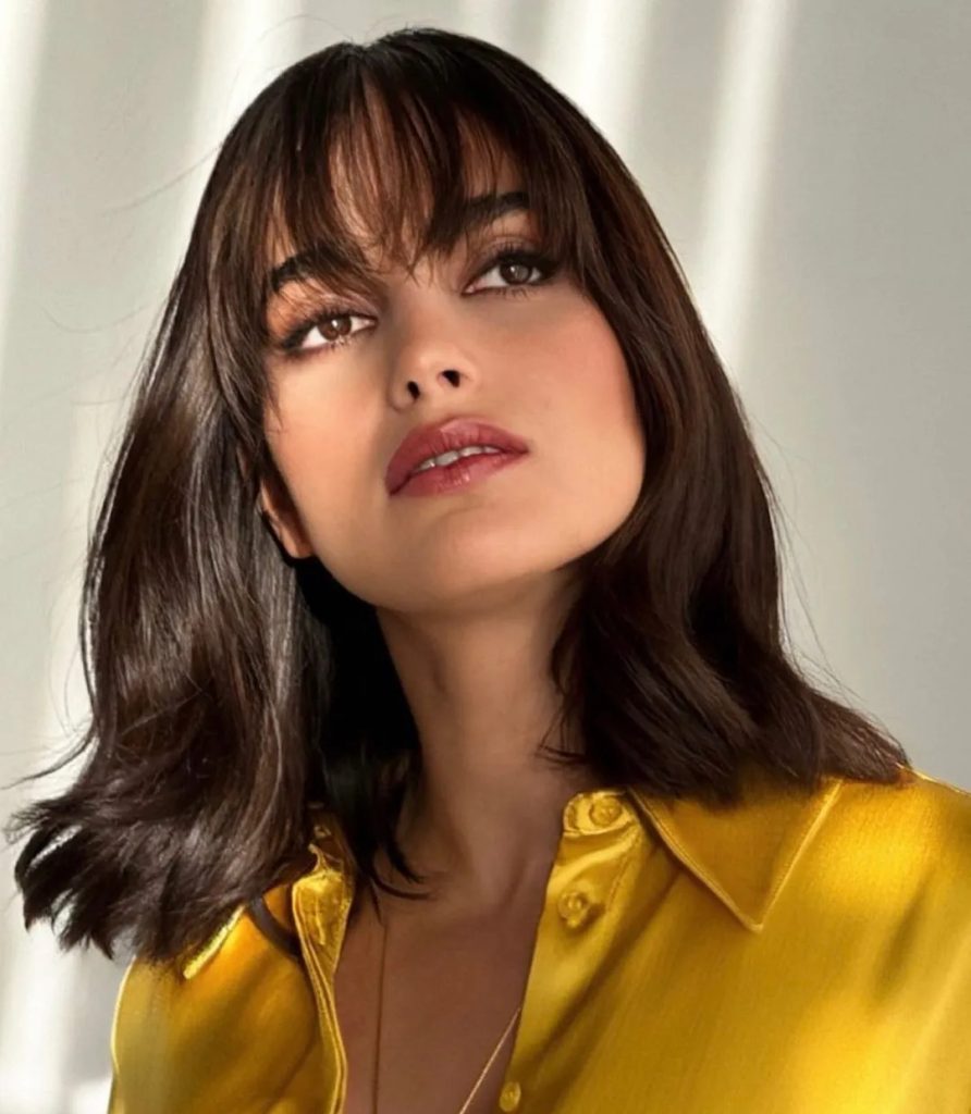 Dark Brown Lob With Blunt Fringe