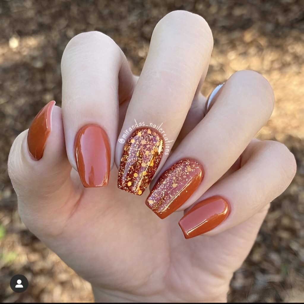 Dark Caramel Nails With A Glitter Twist