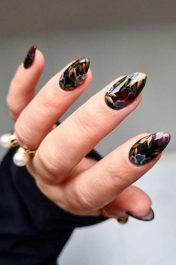 Dark Floral Nail Art