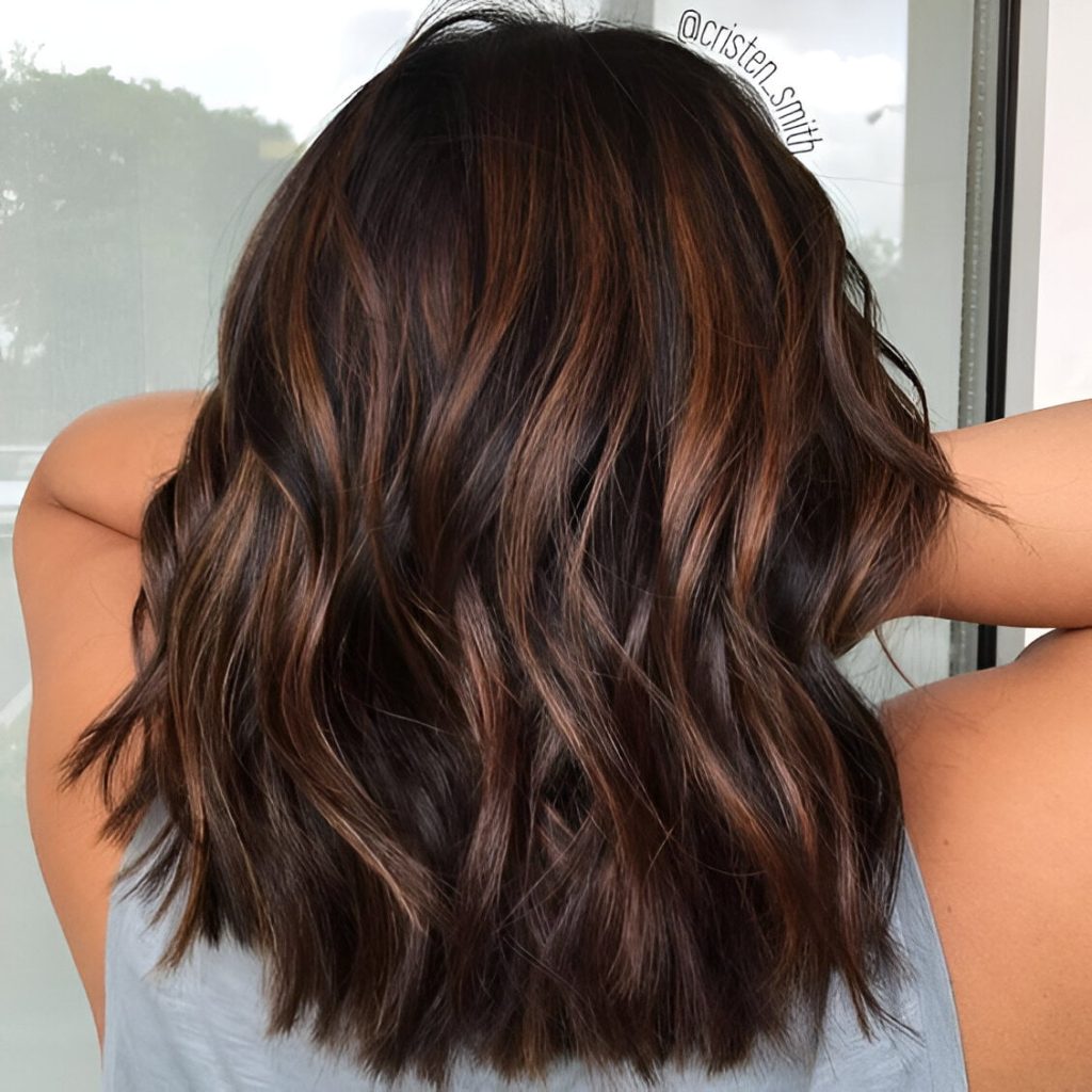 Dark Lob With Caramel Highlights On Black Hair