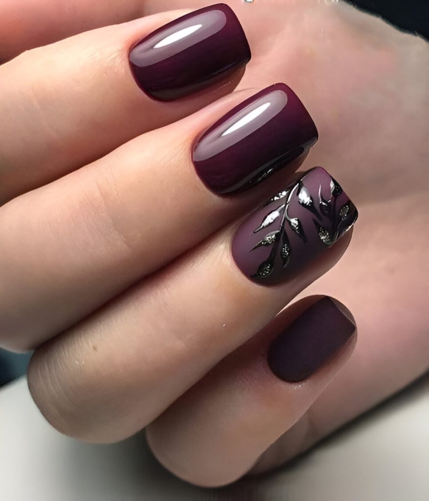 Deep Purple Short Nails With Black Vines