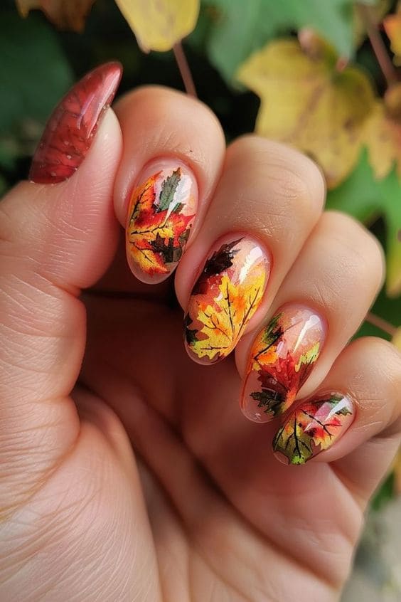 Fall Leaf Almond Nail Designs