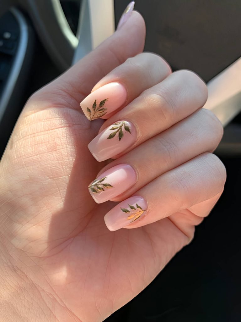 Fancy Gold Leaves Short Coffin Manicure