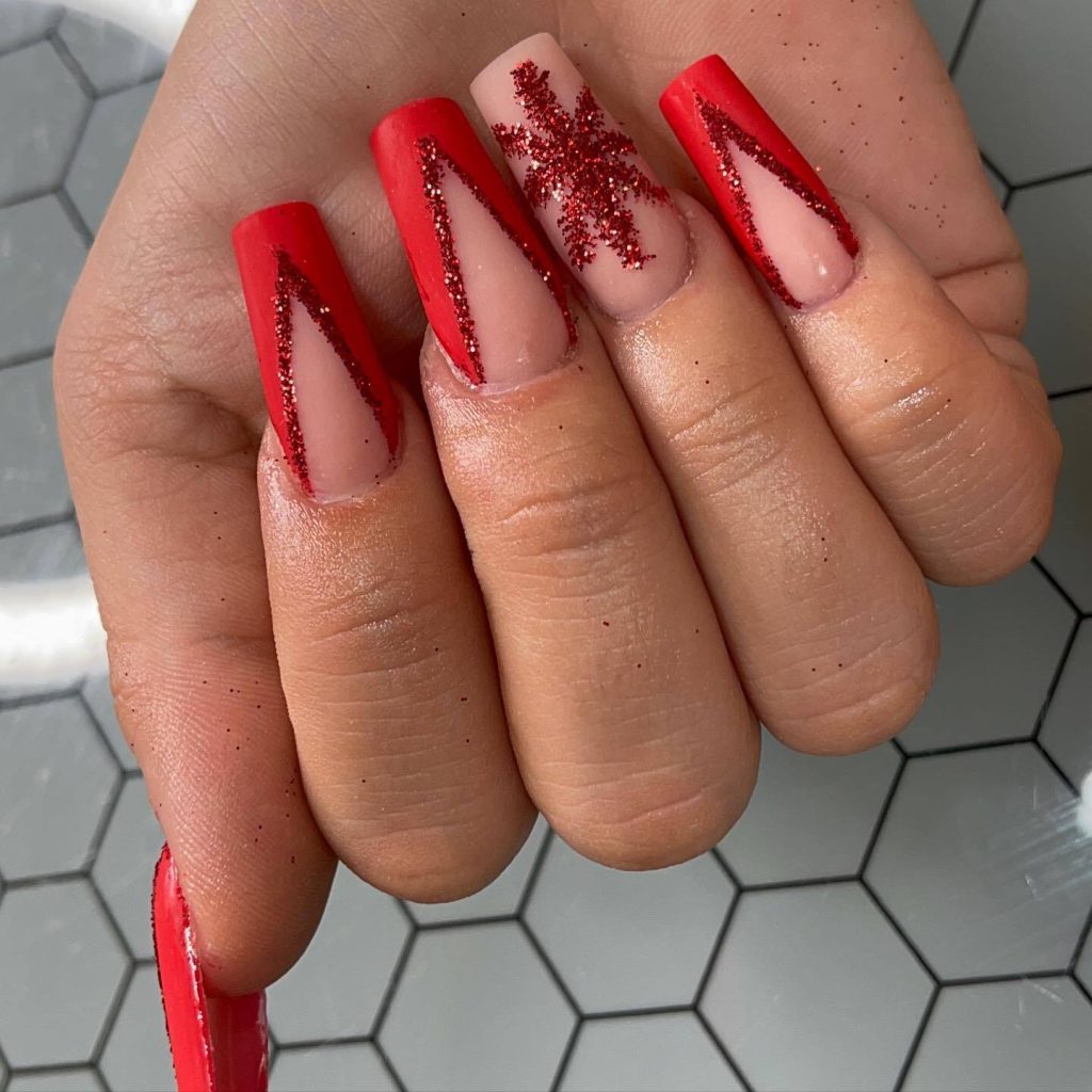 Festive Red Glitter French Tip Nails