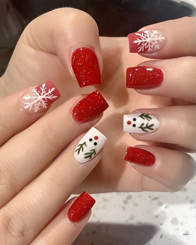 Festive Short Red Glitter Nails