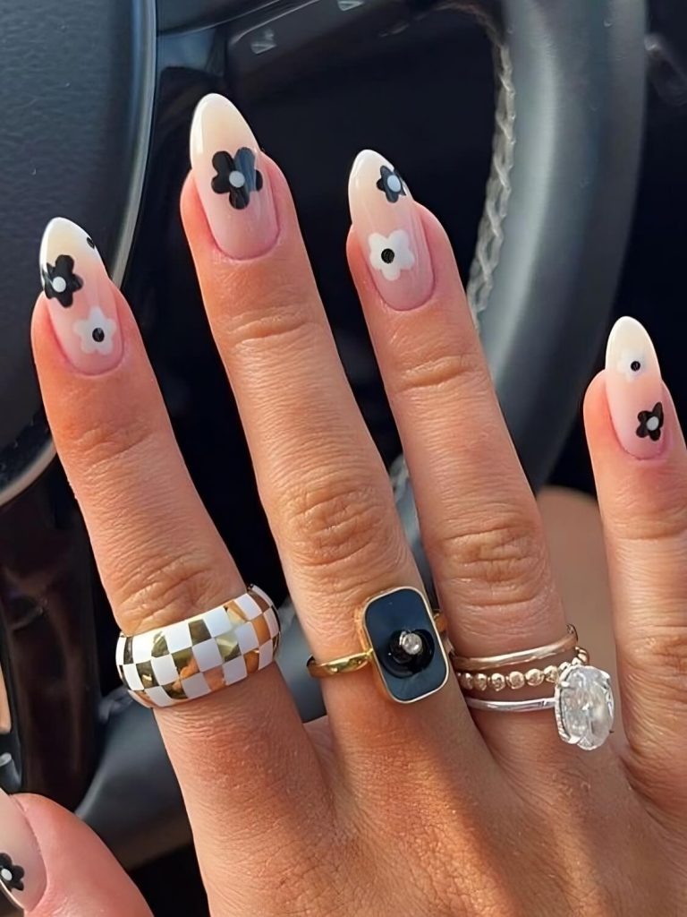 Floral Black And White Nail Designs
