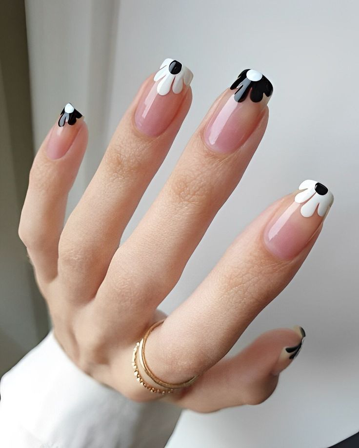 Floral Black And White Nail Designs