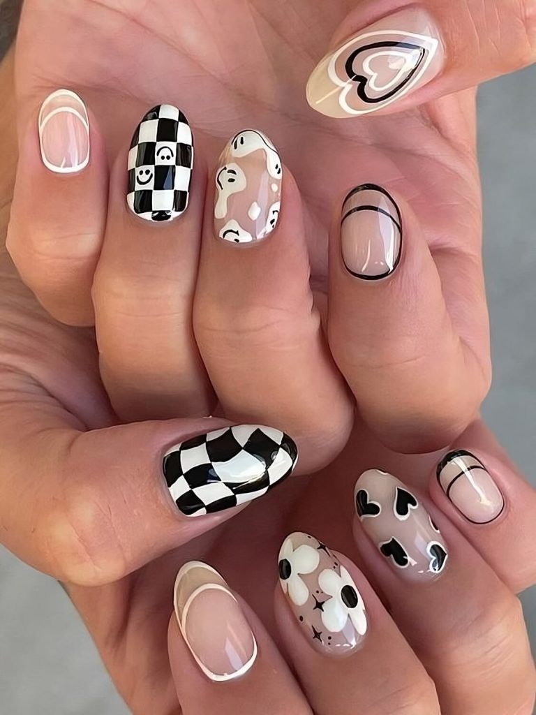 Floral Black And White Nail Designs