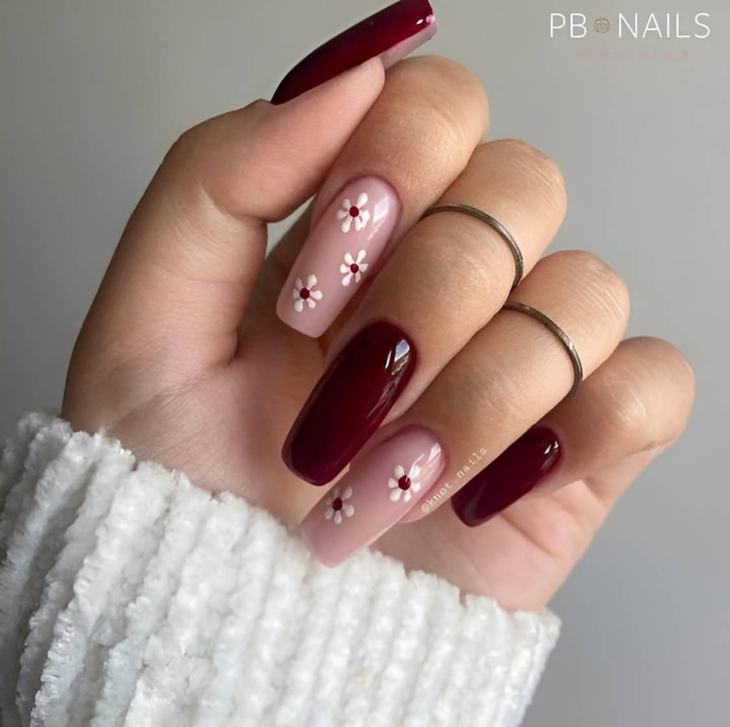 Floral Burgundy Nail Design